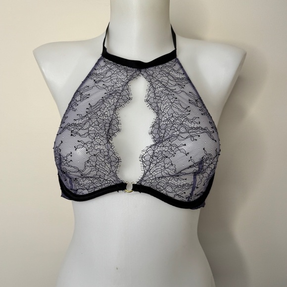 Victoria's Secret Very Sexy Bra Purple Black Lace Sheer High Neck Underwire 34B - Picture 1 of 12